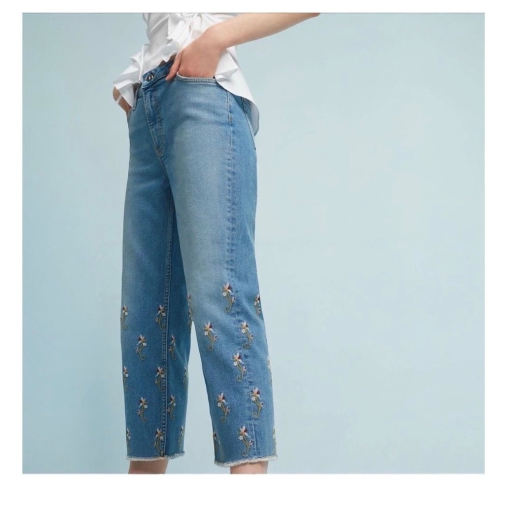 Pilcro and the Letterpress Floral‎ Embroidered Straight Leg Jeans Blue Size 30